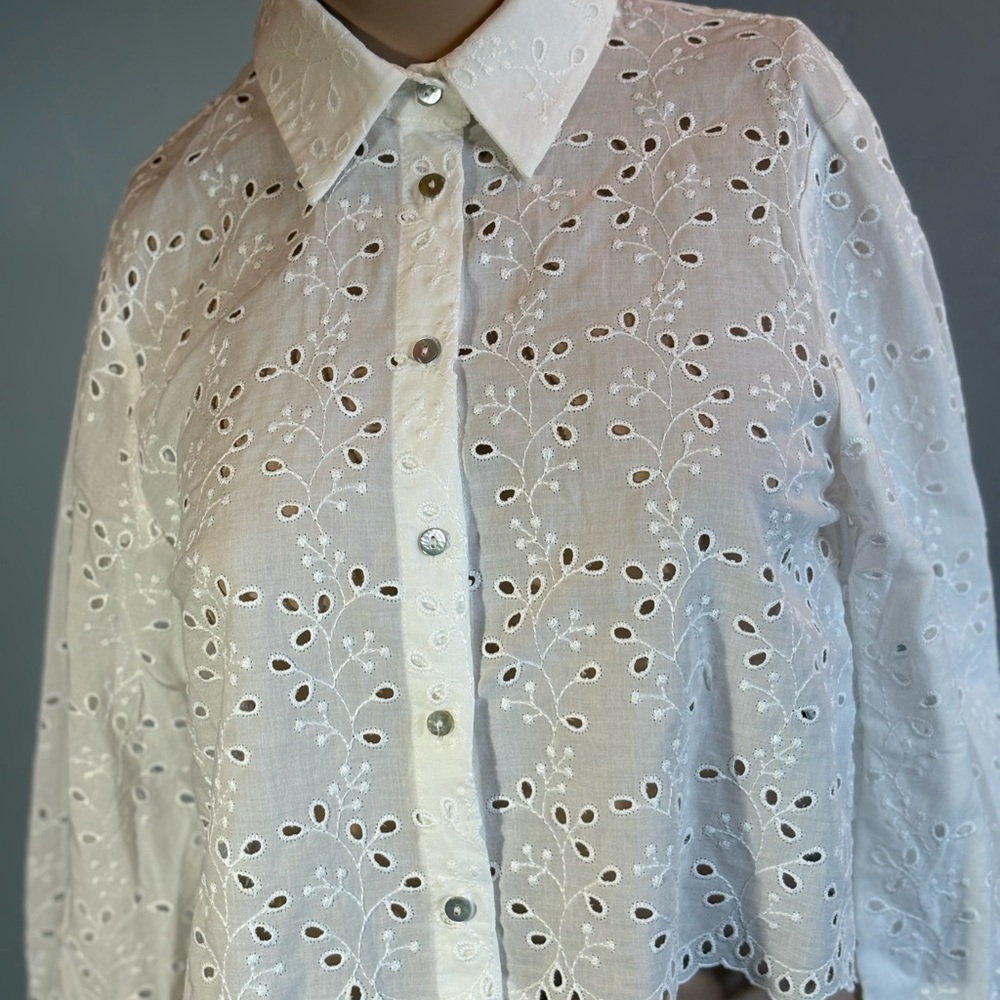 Zara White Long Sleeve Cropped Eyelet Blouse Size XS